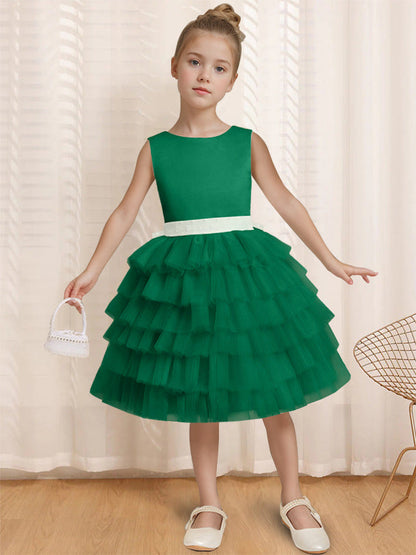 Ball-Gown Round Neck Sleeveless Knee-Length Flower Girl Dress with Ruffles & Bowknot