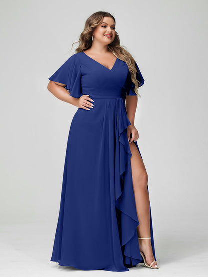 A-Line/Princess V-Neck Half Sleeves Chiffon Plus Size Bridesmaid Dresses with Split Side & Ruffles