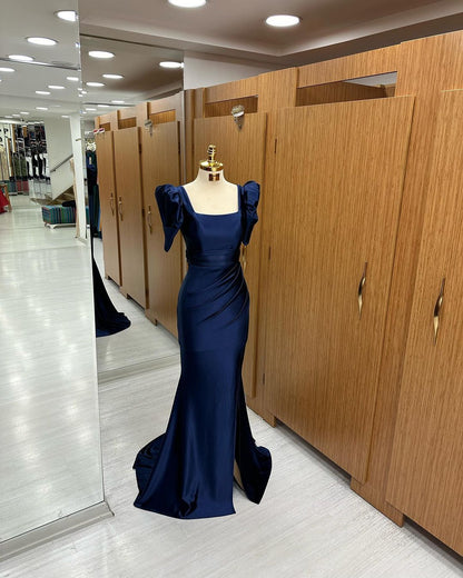 Royal Blue Long Mermaid Prom Dress Bubble Sleeves Square With Slit YL0306