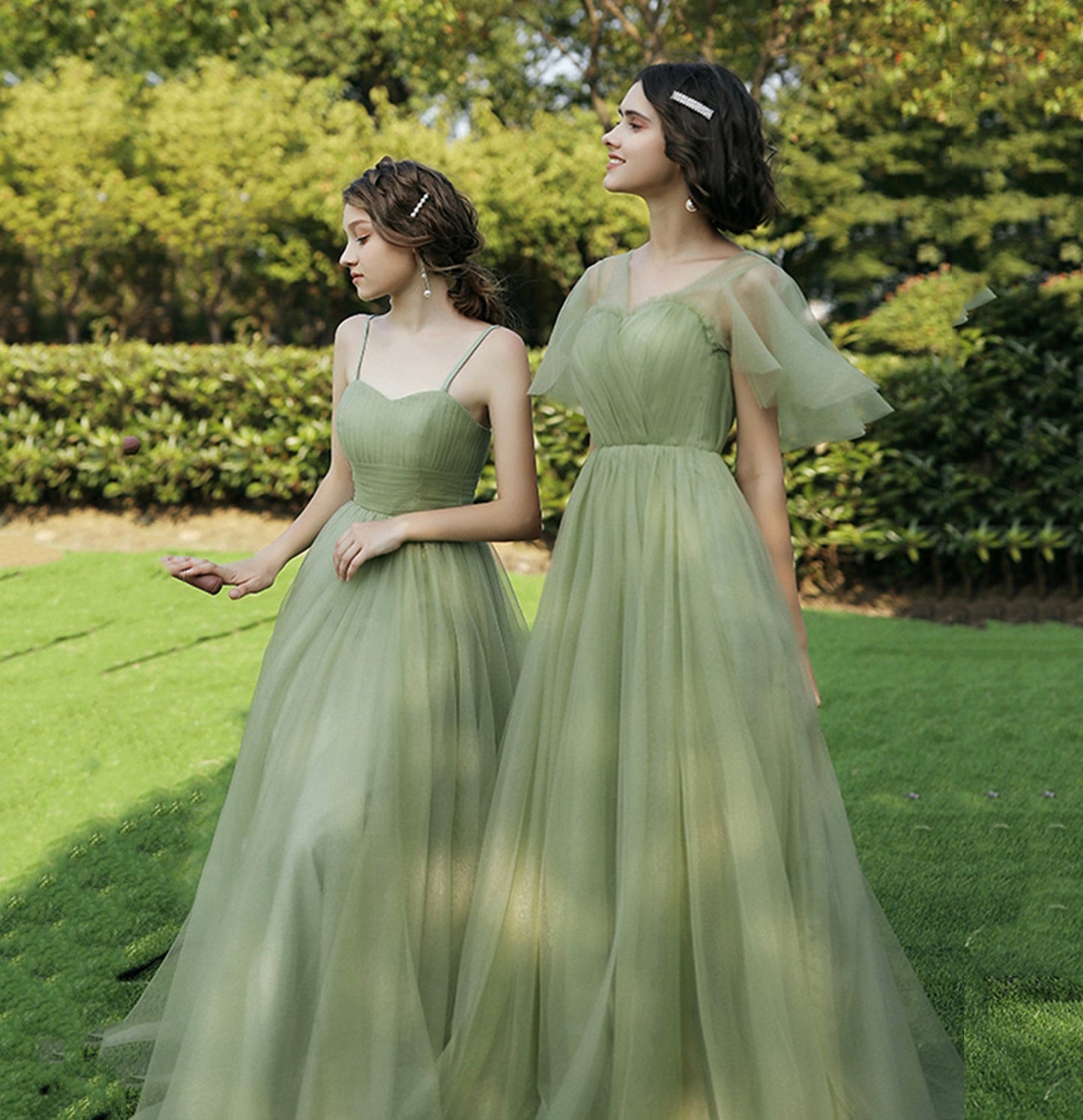 Green tulle long A line prom dress bridesmaid dress  10048