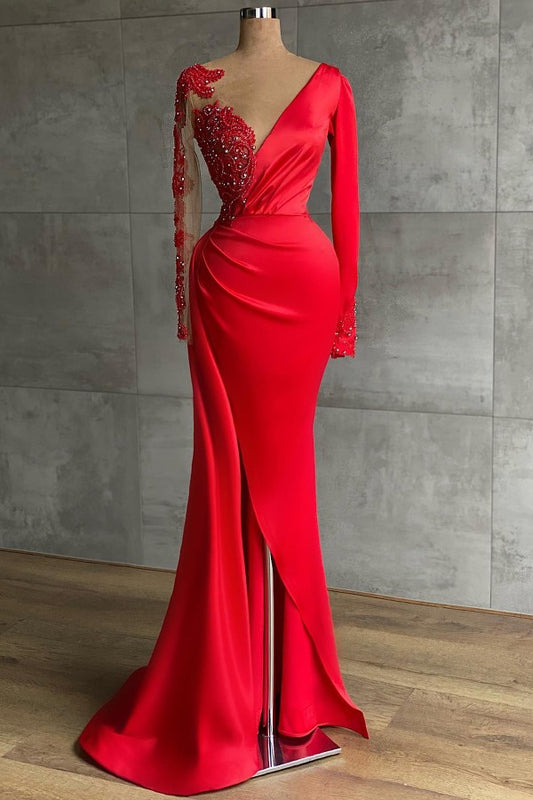 Red Long Sleeves Prom Dress Mermaid PD0176