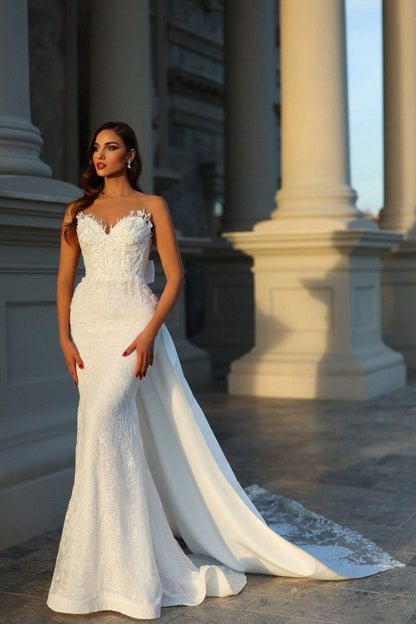 Fabulous Long Mermaid Sleeveless Wedding Dresses Online With Lace