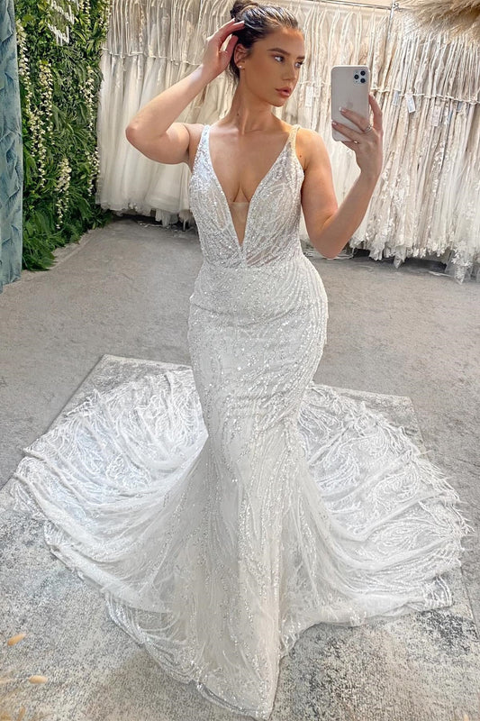 Fabulous Long Mermaid V-neck Beading Sleeveless Backless Wedding Dress With Lace