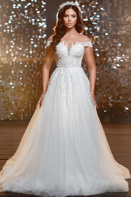 Fabulous Off-the-Shoulder Jewel Cap Sleeves Long Lace Wedding Dresses Online