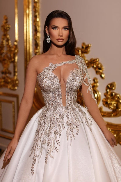 Fabulous Princess Long Long V-Neck One Shoulder Wedding Dresses Online