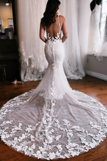 Fabulous Spaghetti-Straps Sleeveless Mermaid Lace Wedding Dresses Online