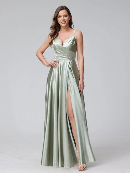 A-Line/Princess V-Neck Sleeveless Ankle-Length Silk Satin Bridemaid Dresses with Pockets & Split Side