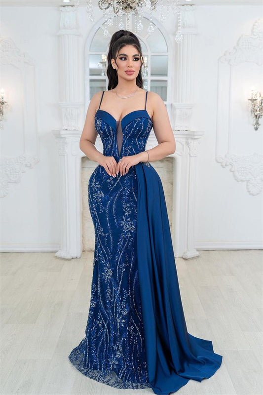 edgynewlook Exquisite Royal Blue Spaghetti Strap Sleeveless Mermaid Prom Dress with Embroidery