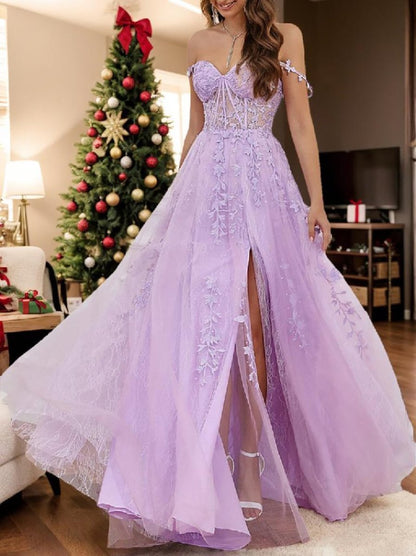 A-Line Sweep/Brush Train Sleeveless Sweetheart Tulle Backless Prom  Dress with Beading Slit Appliques