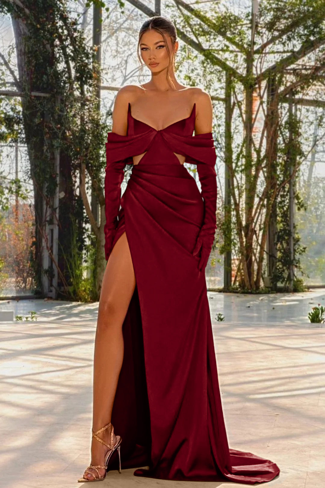 Prom Dress Red Half Sleeves Off-the-shoulder With Slit Pleated Gloves YL0182