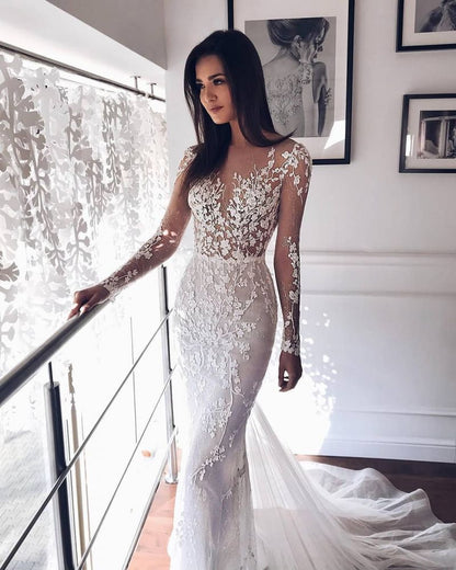 Fall Long Sleevess Lace Mermaid Illusion neck White Wedding Dress