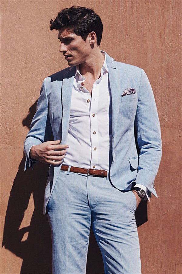 Fashion Casual Sky Blue Summer Men Suits Two-pieces Linen Beach Wedding Suits for Men