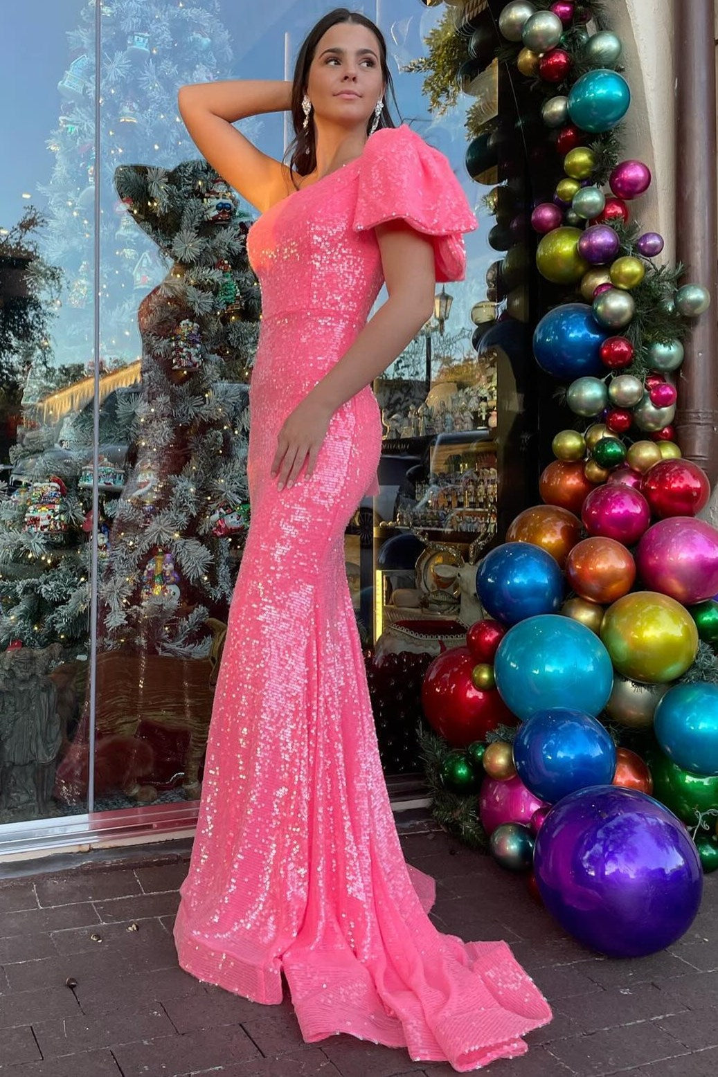 Fauna | Neon Pink Sequin One-Shoulder Bow Strap Trumpet Long Prom Dress