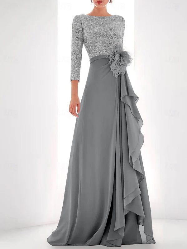 A-Line/Princess Jewel Neck Long Sleeves Asymmetrical Mother of the Bride Dresses With Sequin & Feather & Pearls