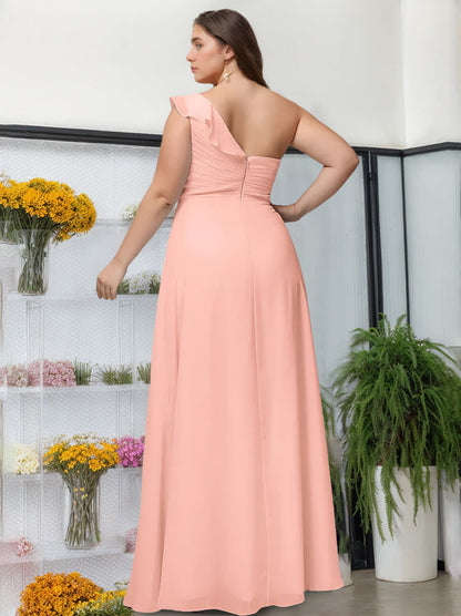 A-Line/Princess One-Shoulder Sleeveless Floor-Length Unique Plus Size Bridesmaid Dress With Ruffles