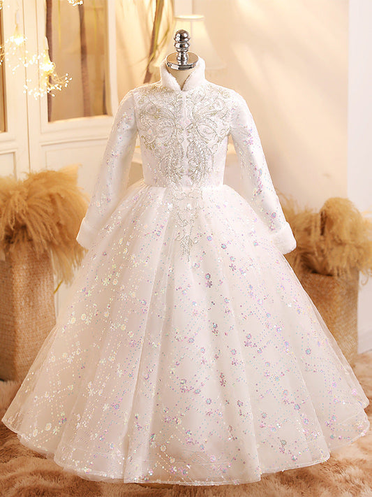 Long Sleeves Ball Gown Shinning Girl Winter Party Dress with Crystal Appliques