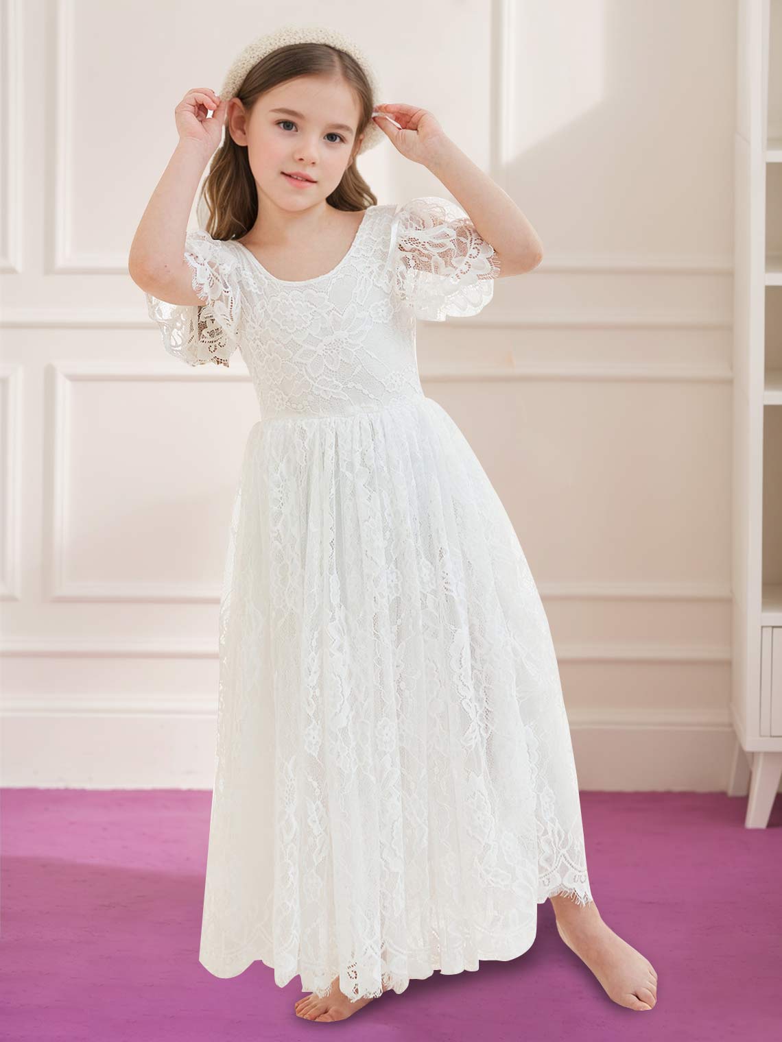 A-line Lace Ankle-length Ivory Boho Flower Girl Dress