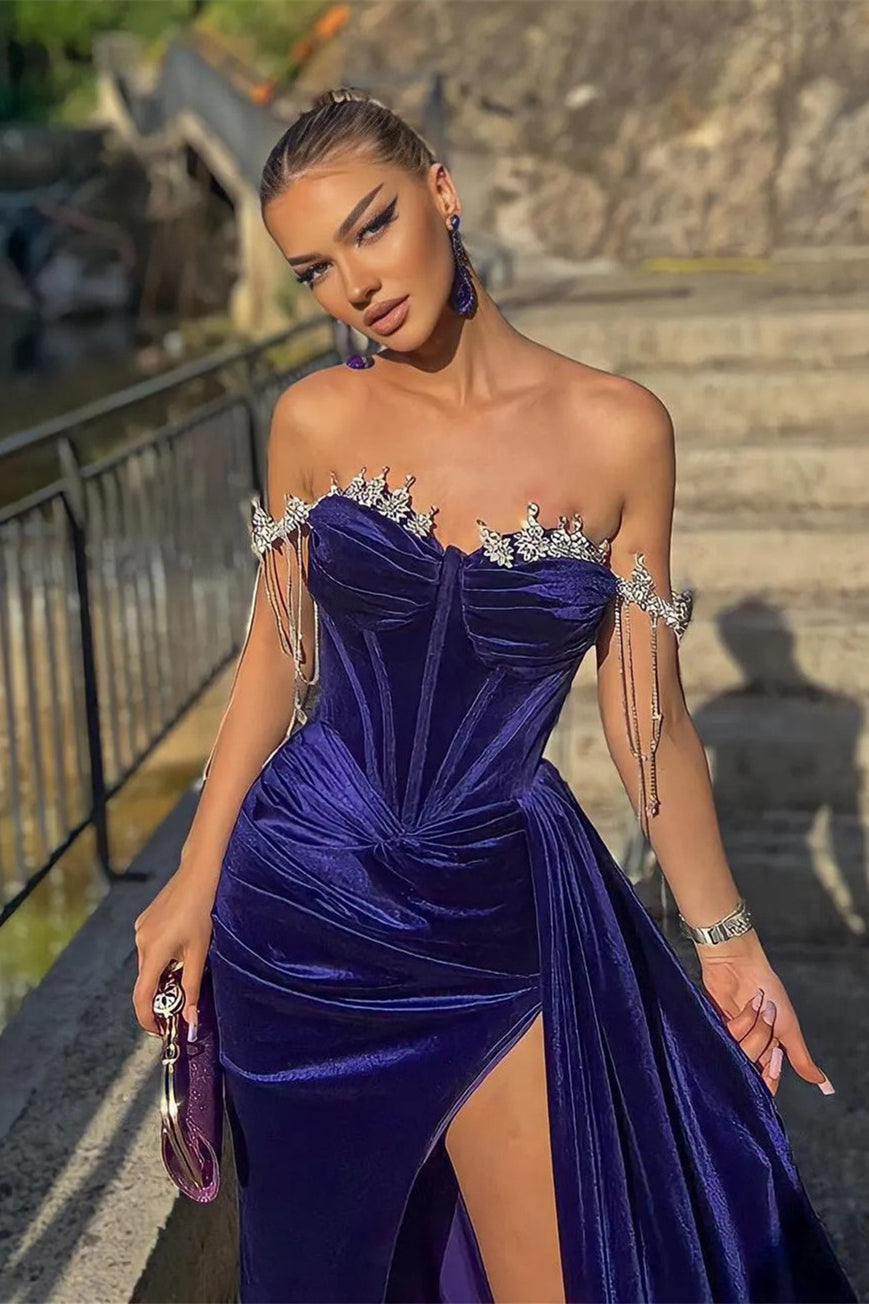 Velvet Off-the-Shoulder Beads Split Mermaid Prom Dress With Ruffles  ED0062