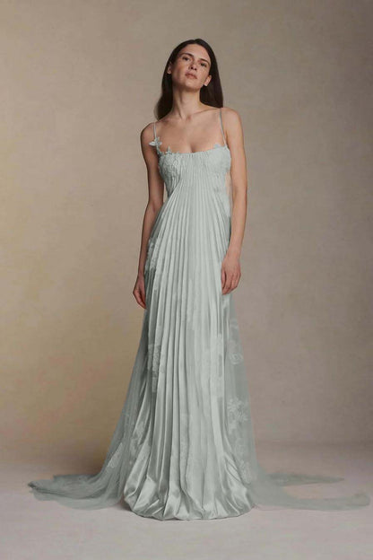 Stunning Spaghetti-Straps Pleated Sheath Appliques Prom Dress With Detachable Train XJ0176