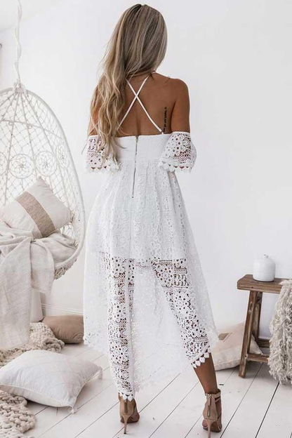 A-Line Straps Off-The-Shoulder High Low White Lace Homecoming Dress  gh827