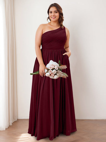 A Line/Princess One-Shoulder Sleeveless Floor-Length Bridesmaid Dresses with Pocket & Ruffles