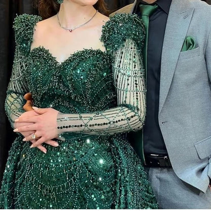 Elegant Green Applique Prom Dress Long Sleeve Mermaid Dress XM0300