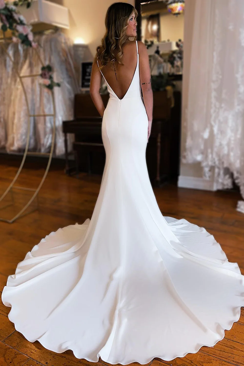 Simple White Mermaid Backless Boho Wedding Dress gh2635