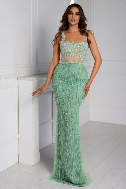 edgynewlook Straps Sage Mermaid A Line Prom Dress Unique Beads