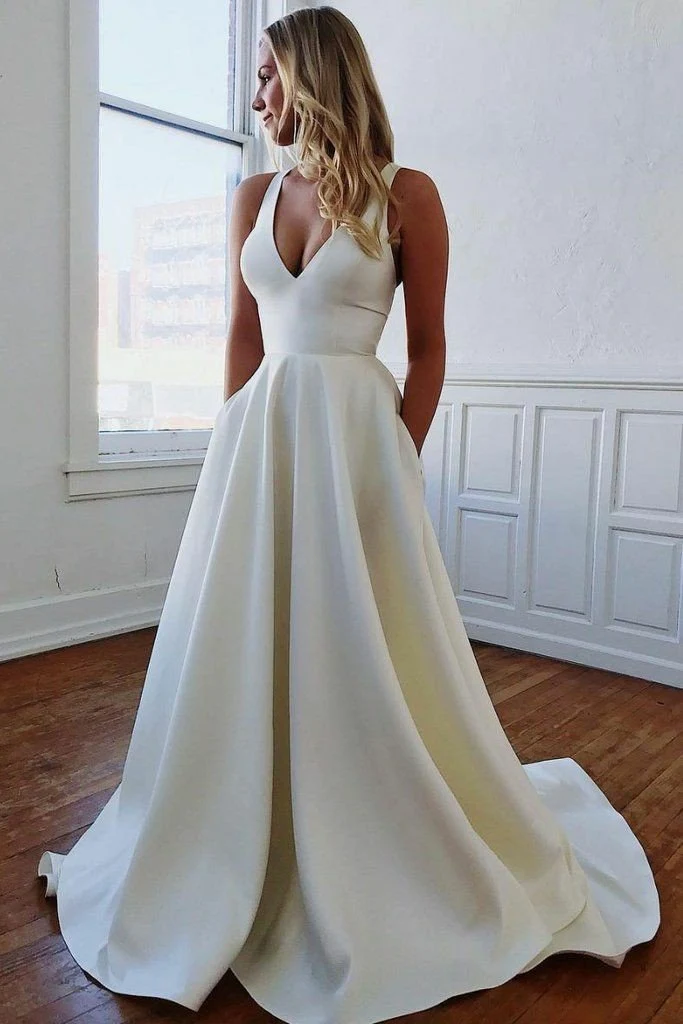 White fashion backless satin A-line long elegant trailing back bow ball gown evening dress wedding dress gh1148