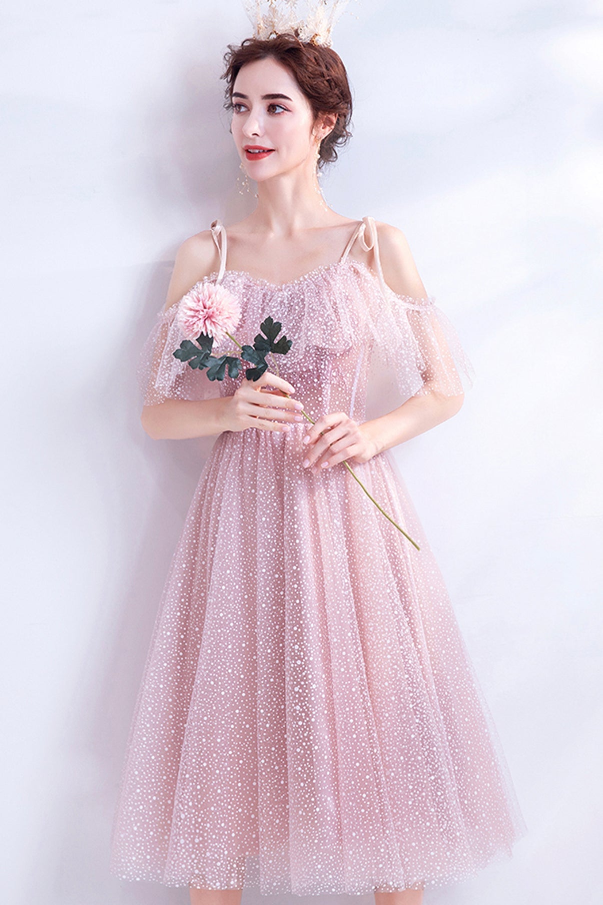 Pink tulle short A line prom dress homecoming dress  8729