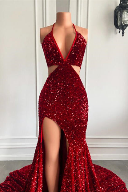 Wine Red Halter Sequins Mermaid Prom Dress With Split PD0791