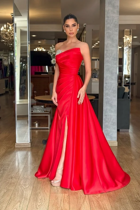 Red Strapless Beaded Pleated Long Prom Dress ZT0527