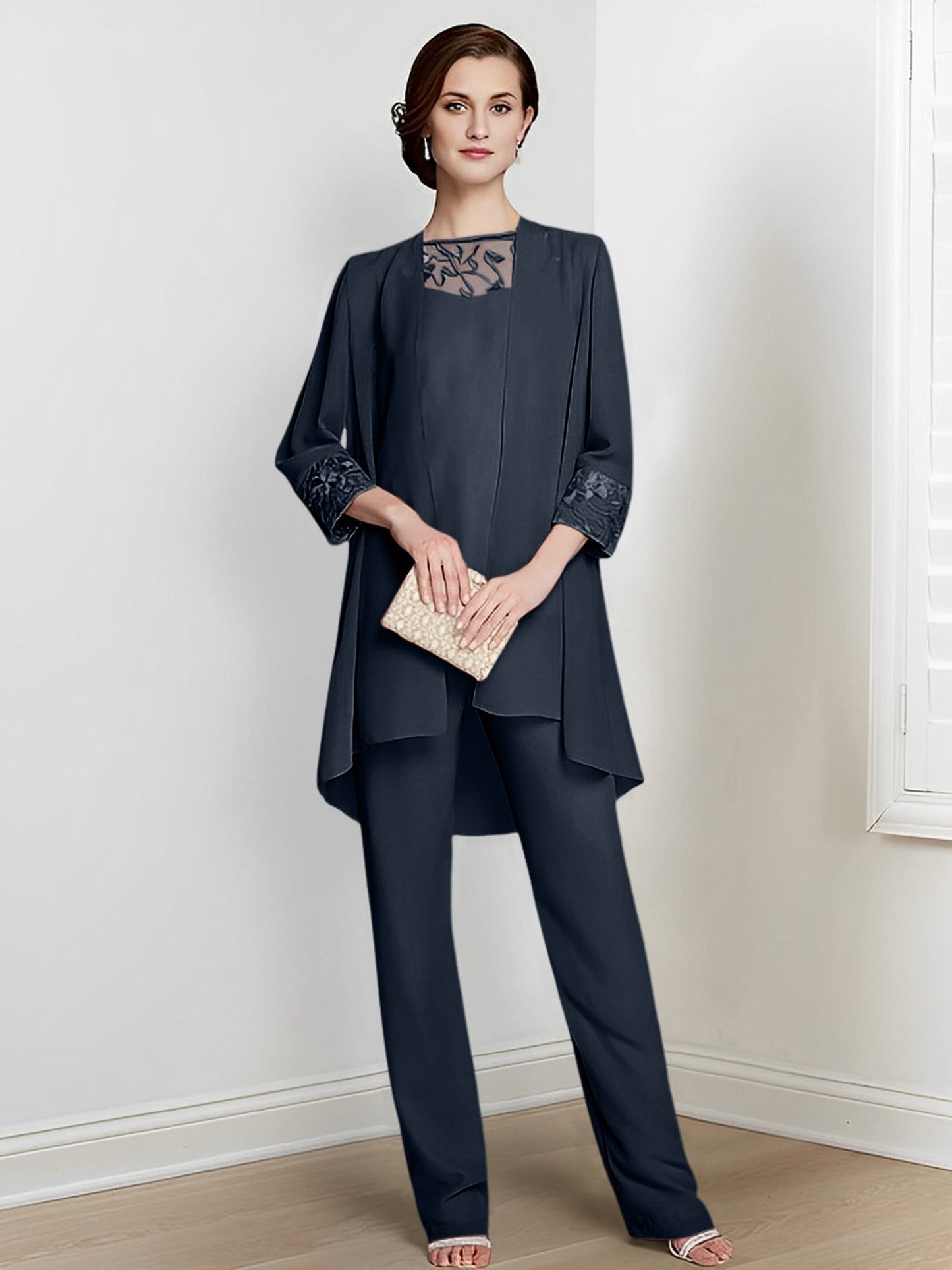 Chiffon Square Neck Long Sleeves Floor-Length Mother Of The Bride Pantsuits With Jacket