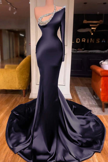 Black One Shoulder Prom Dress Mermaid With Beads YH0011