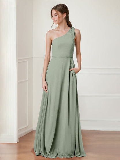 A Line/Princess One-Shoulder Sleeveless Floor-Length Bridesmaid Dresses with Bowknot