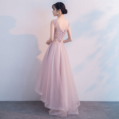 Pink v neck tulle lace prom dress, high low evening dress  7843