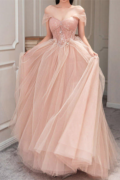 Edgynewlook Pink Off-The-Shoulder Long Prom Dress Sweetheart With Pearls