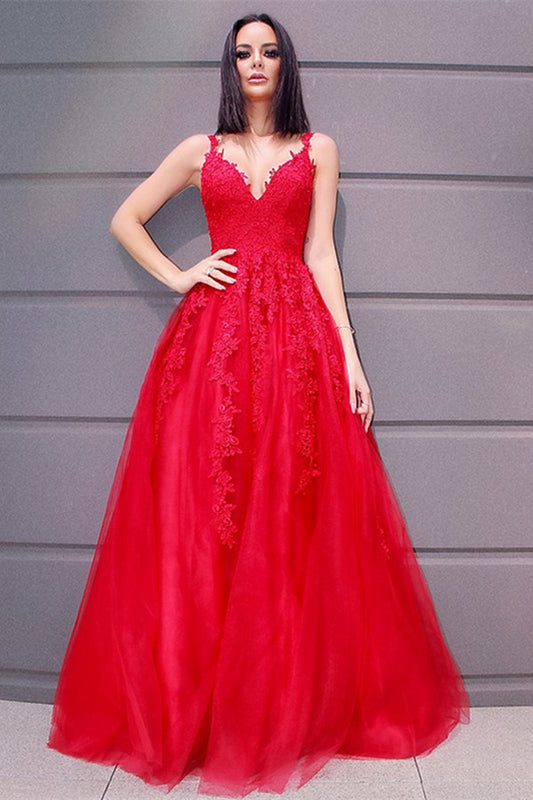 Red Sleeveless Lace Appliques Prom Dress PD0165