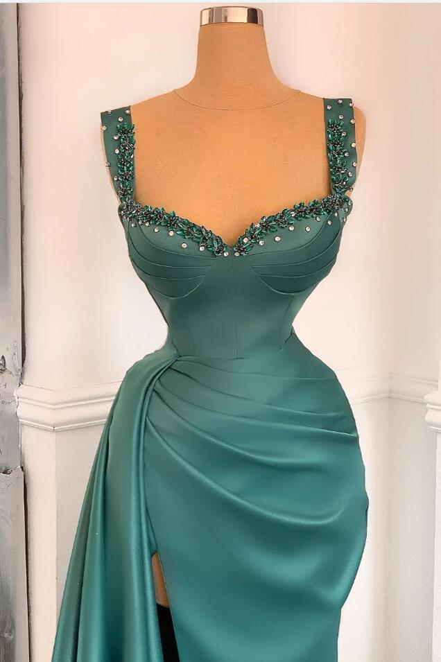 Straps Beadings Mermaid Prom Dress Slit PD018