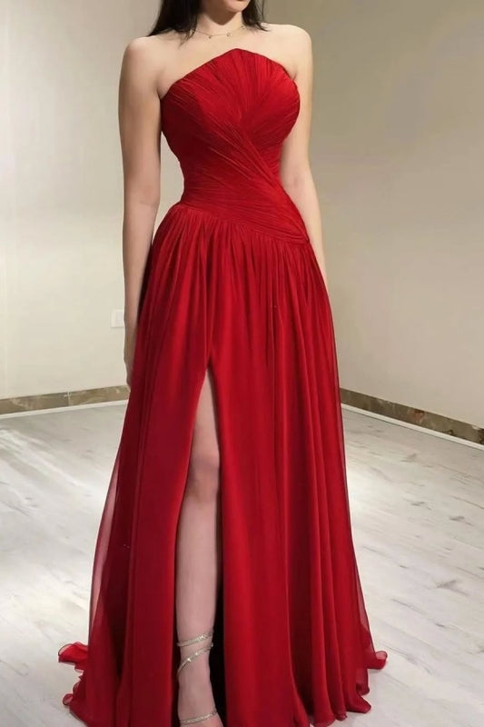 Red Chiffon Strapless Split Prom Dress ZT0508