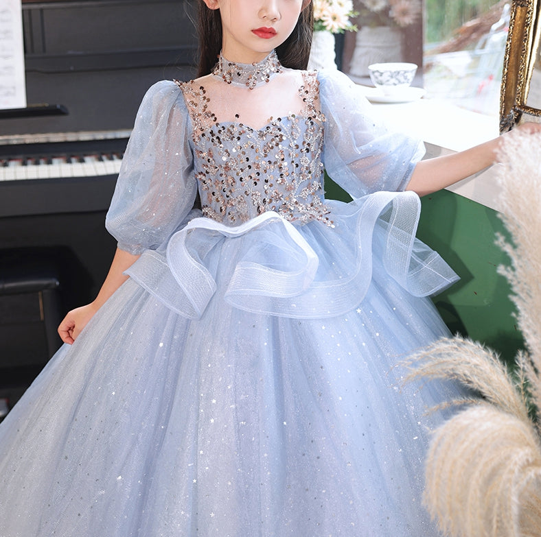 Ball Gown High Neck 3/4 Sleeves Flower Girl Party Dress with Rhinestones