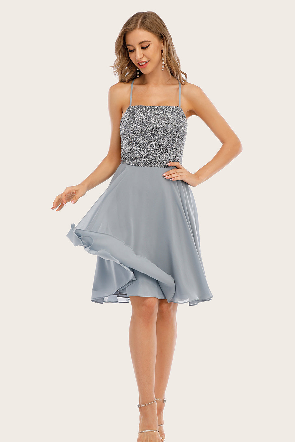 Grey Beaded Short Homecoming Dress