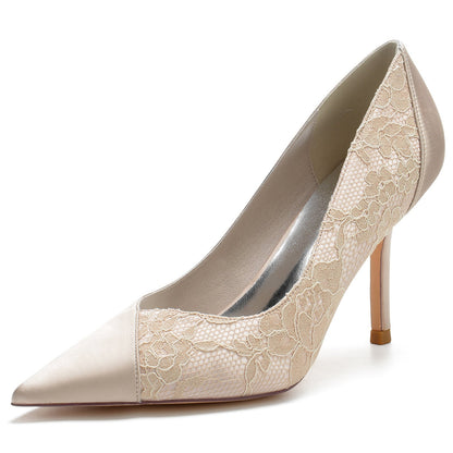 Women's Wedding Shoes Silk Satin Lace Stiletto Heel Pointed Toe Bridal Shoes