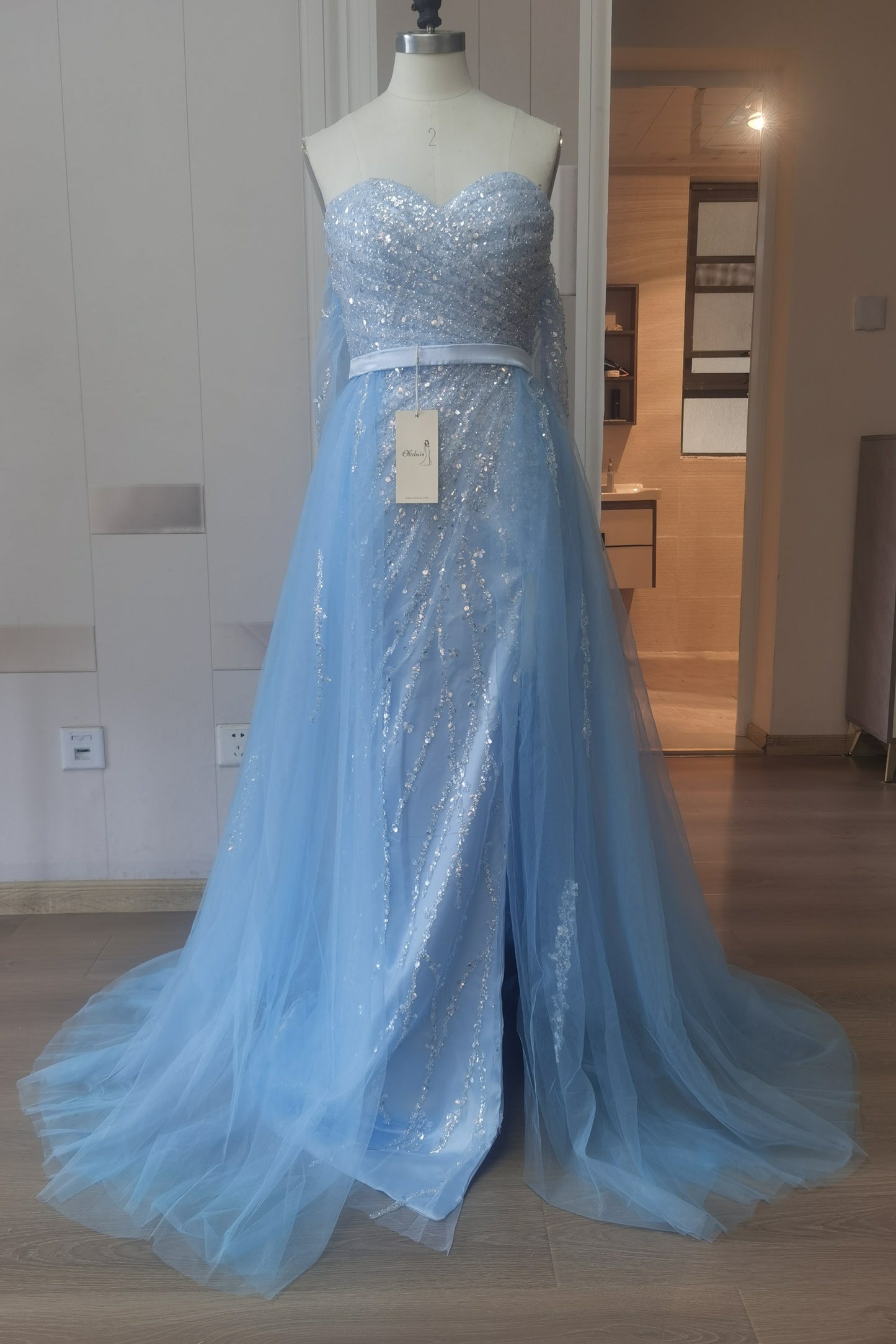 Off-the-Shoulder Sky Blue Prom Dress Sequins With Slit PD0576