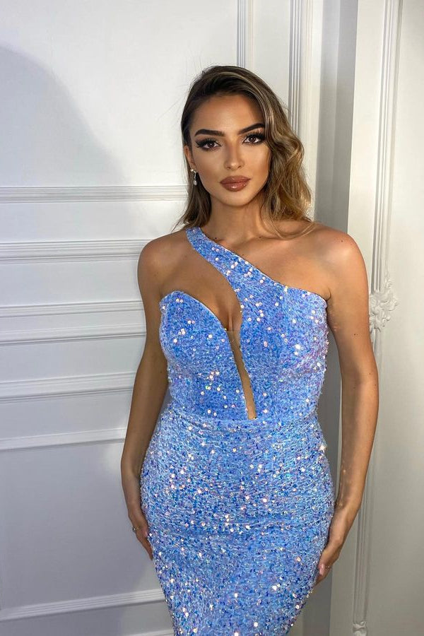 Baby Blue Prom Dress One Shoulder Mermaid Sequins ED0616