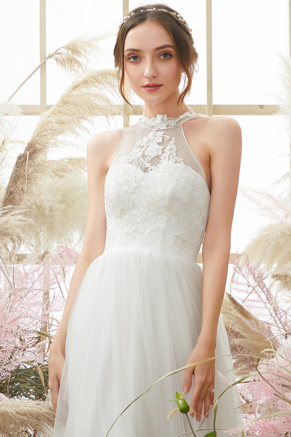 White Halter Neck Wedding Dress