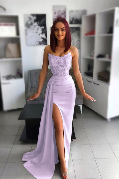 Chic Pink Evening Dress Prom Dress With Applique Belt Slit Hollowing Out