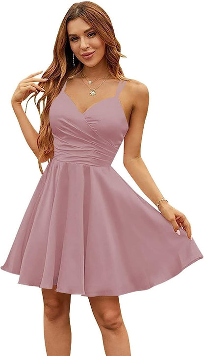 Fashion Pink Spaghetti Strap Homecoming Dress V Neck Prom Dress YZTS072