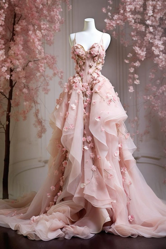 Pink gorgeous exquisite floral spaghetti straps long elegant sweet tulle floor-length trailing ball gown evening gown wedding dress graduation ball gown Flower Fairy gh3272