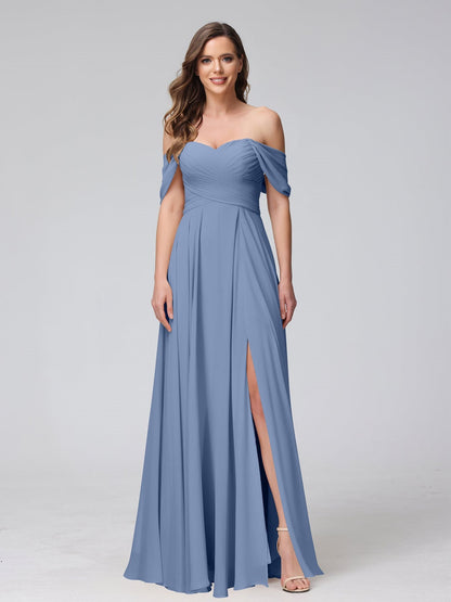 A-Line/Princess Off-the-Shoulder Sleeveless Floor-Length Bridemaid Dresses with Split Side & Ruched